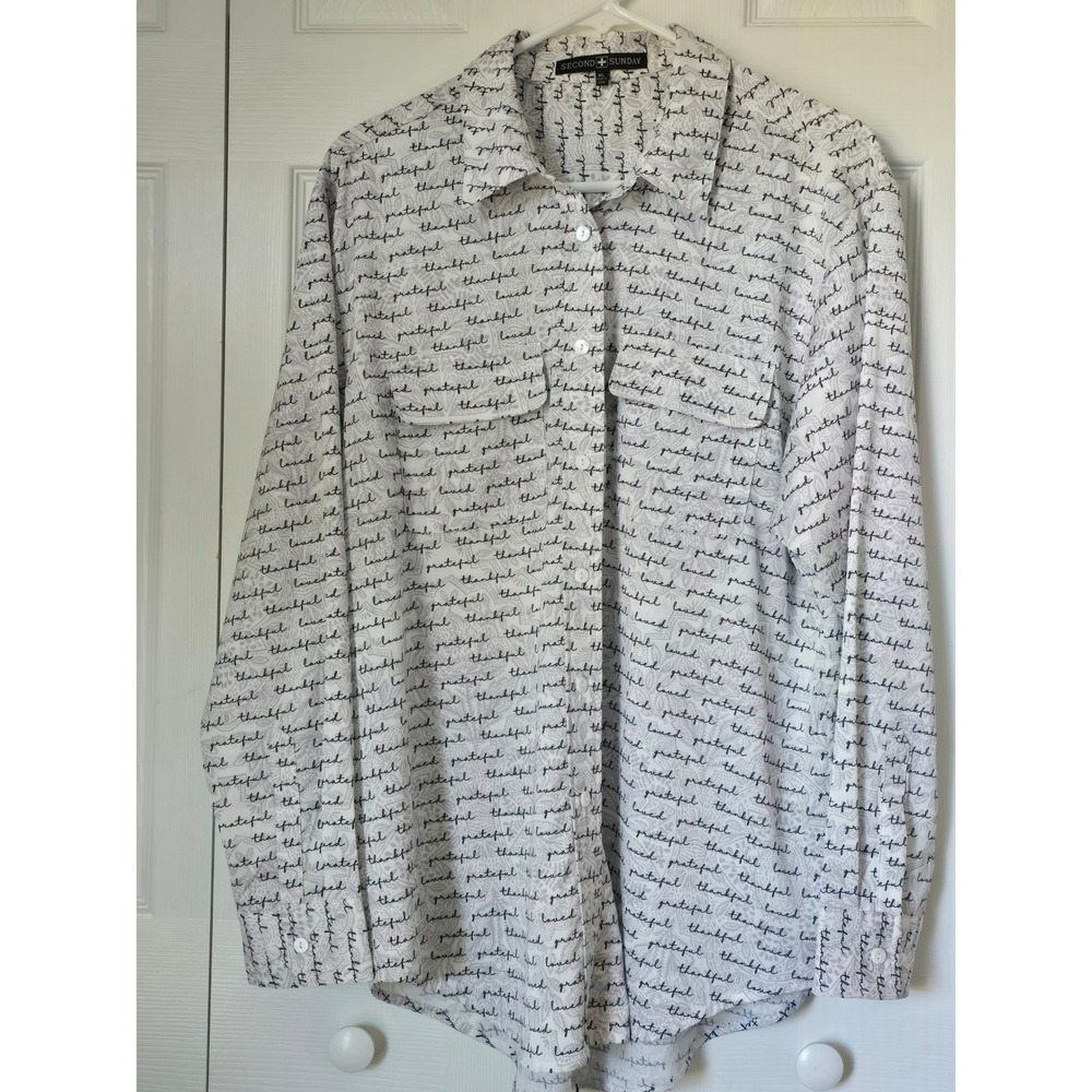 Second‎ Sunday Mens XL Script Print Button Down Shirt Thankful Grateful Loved